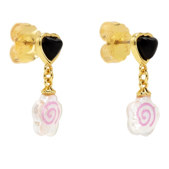 Sandy Liang Gold Narutomaki Earrings Pink Spirals Daisy Pearl Black Heart New - Picture 7 of 8